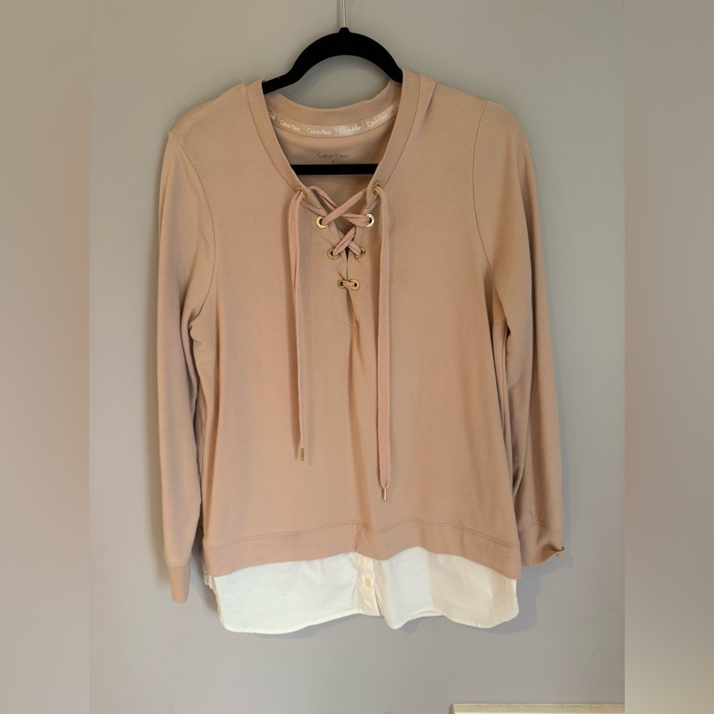 Calvin Klein Lace Up Collar Twofer Top Cotton and Modal